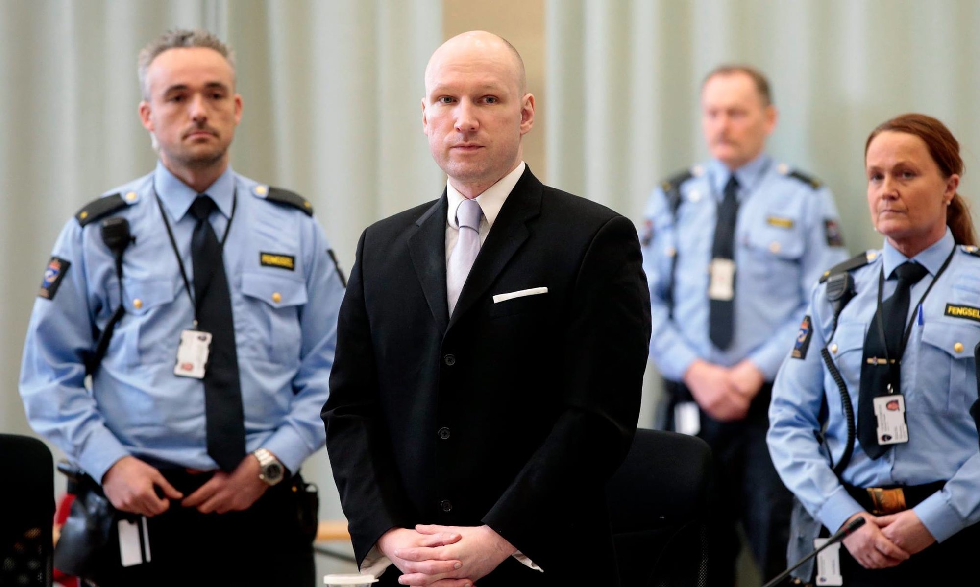 Anders Behring Breivik stands in court in Oslo, Norway, on appeal of his prison sentence as “inhumane.” Photo courtesy of Facebook user SAT.1 Nachrichten.