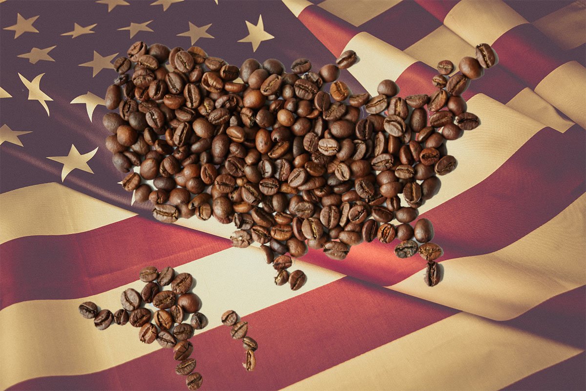 Coffee Adobe Stock image. American Flag Photo by Bermix Studio on Unsplash. Composite by Katie McCarthy/Coffee or Die Magazine.