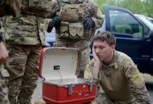 A 2016 picture of then-Staff Sgt. David Dezwaan, as he inspects the wiring of a simulated radioactive dispersal device at Clear Lake, California. Dezwaan was charged with planting explosives at a US base in Syria which injured four Americans. Air Force photo by Senior Airman Bobby Cummings.