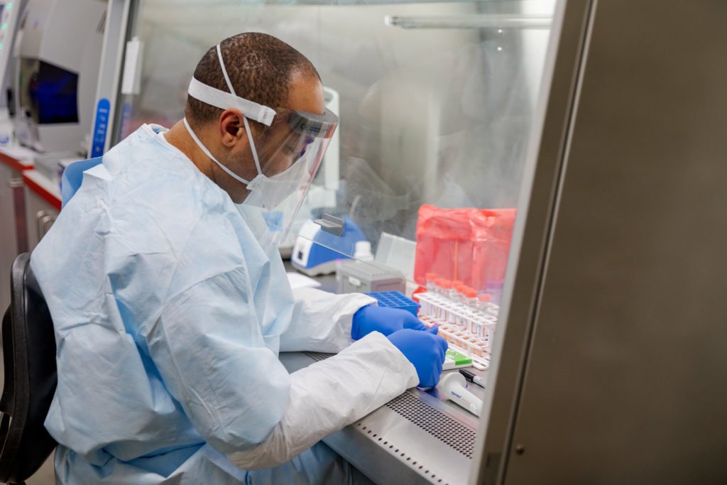 Pennsylvania Commonwealth microbiologist Kerry Pollard performs a manual extraction of the coronavirus inside the extraction lab at the Pennsylvania Department of Health Bureau of Laboratories on Friday, March 6, 2020. Photo courtesy The Office of Governor Tom Wolf of Pennsylvania