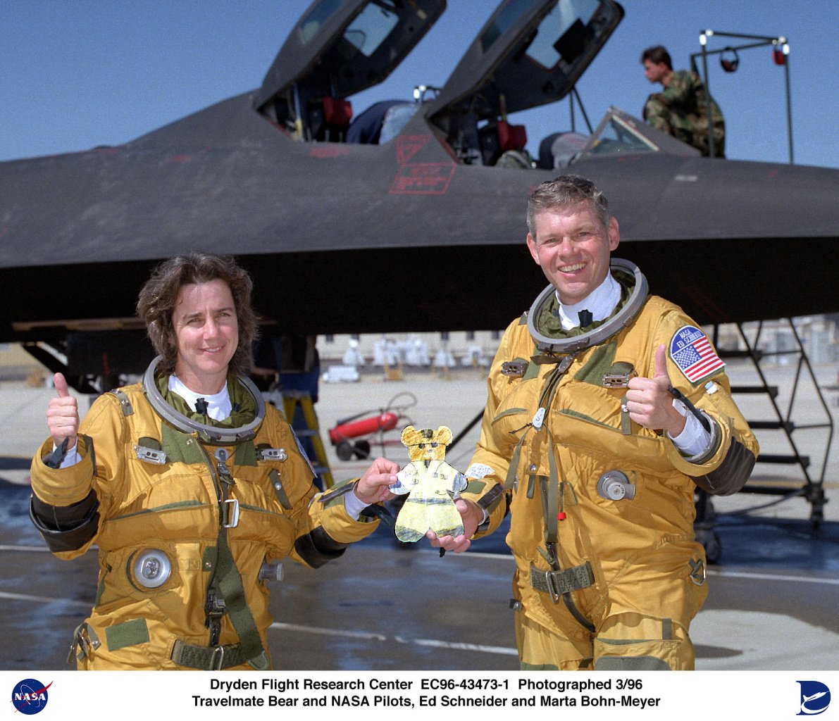 Travelmate Bear with SR-71 researcher and engineer Marta Bohn-Meyer and Pilot Ed Schneider coffee or die 