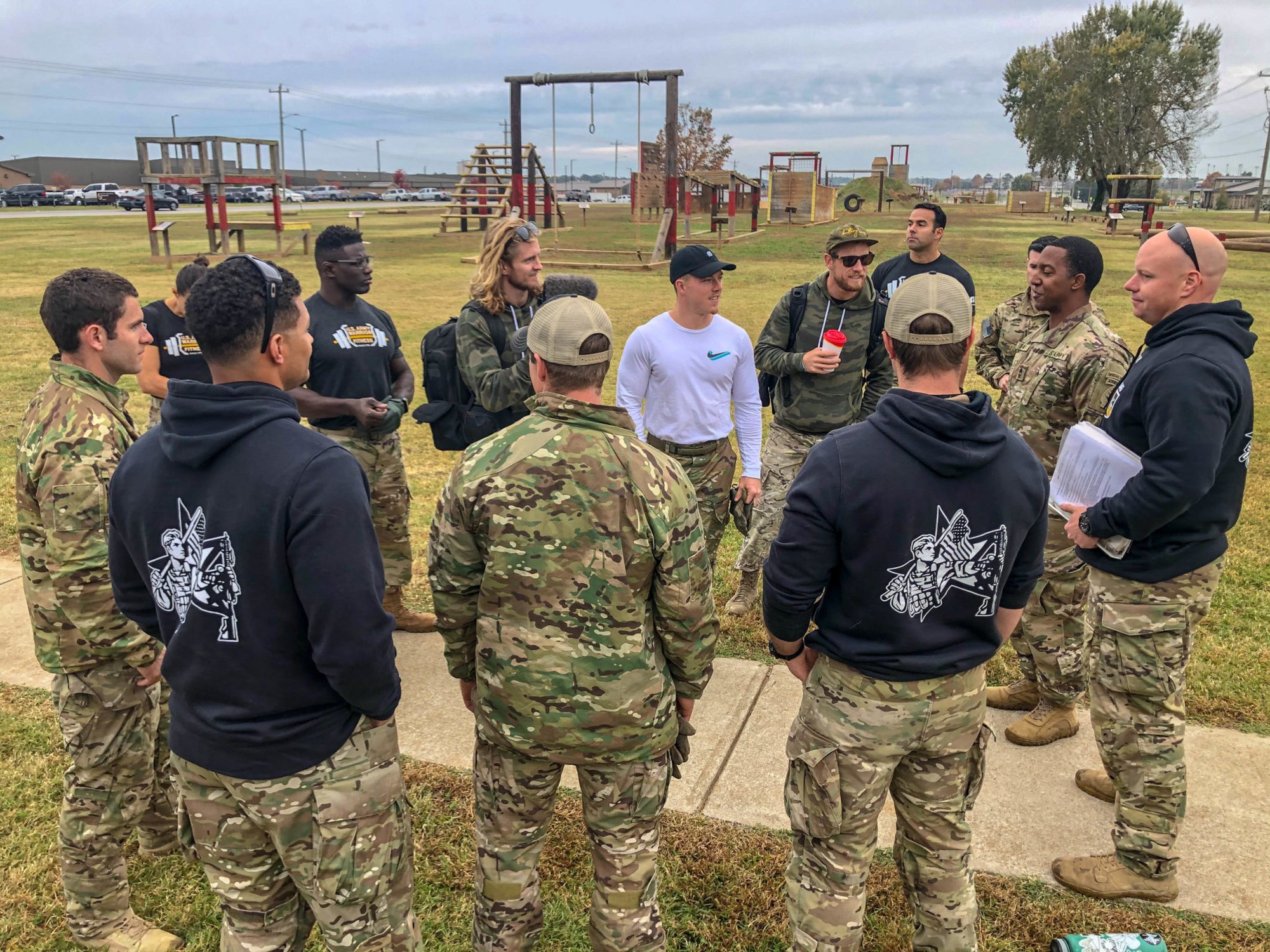 Professional CrossFit athlete Noah Ohlsen, along with members of the U.S. Army Warrior Fitness Team, meet with 5th Special Forces Group (Airborne) soldiers at Fort Campbell, Ky., Oct. 25 2019. Green Berets held multiple events throughout the day to show the physical fitness aspect of a special operations unit.