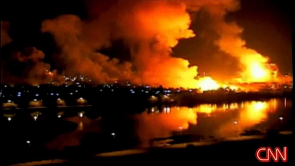 U.S. bombs pummeled the Baghdad skyline in in the opening salvo of the invasion. Screenshot of CNN coverage of the Iraq invasion. 