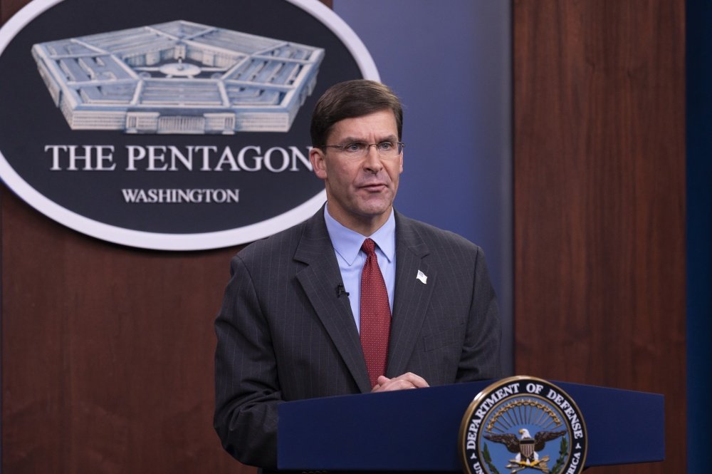 Secretary of Defense, Dr. Mark T. Esper records statement for virtual A.I. Symposium in the Pentagon Briefing Room September 8, 2020. DoD photo by Marvin Lynchard, via DVIDS.