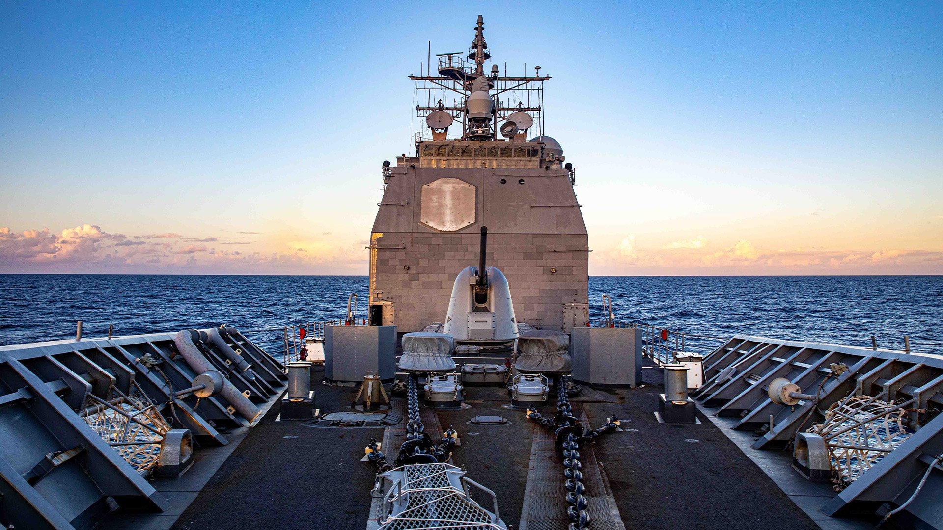The Ticonderoga-class guided-missile cruiser Chancellorsville (CG 62) sails the South China Sea on Nov. 29, 2022. Chancellorsville irked China by performing a freedom on navigation operation near contested cays in the Spratly Islands. US Navy photo by Mass Communication Specialist 2nd Class Justin Stack.