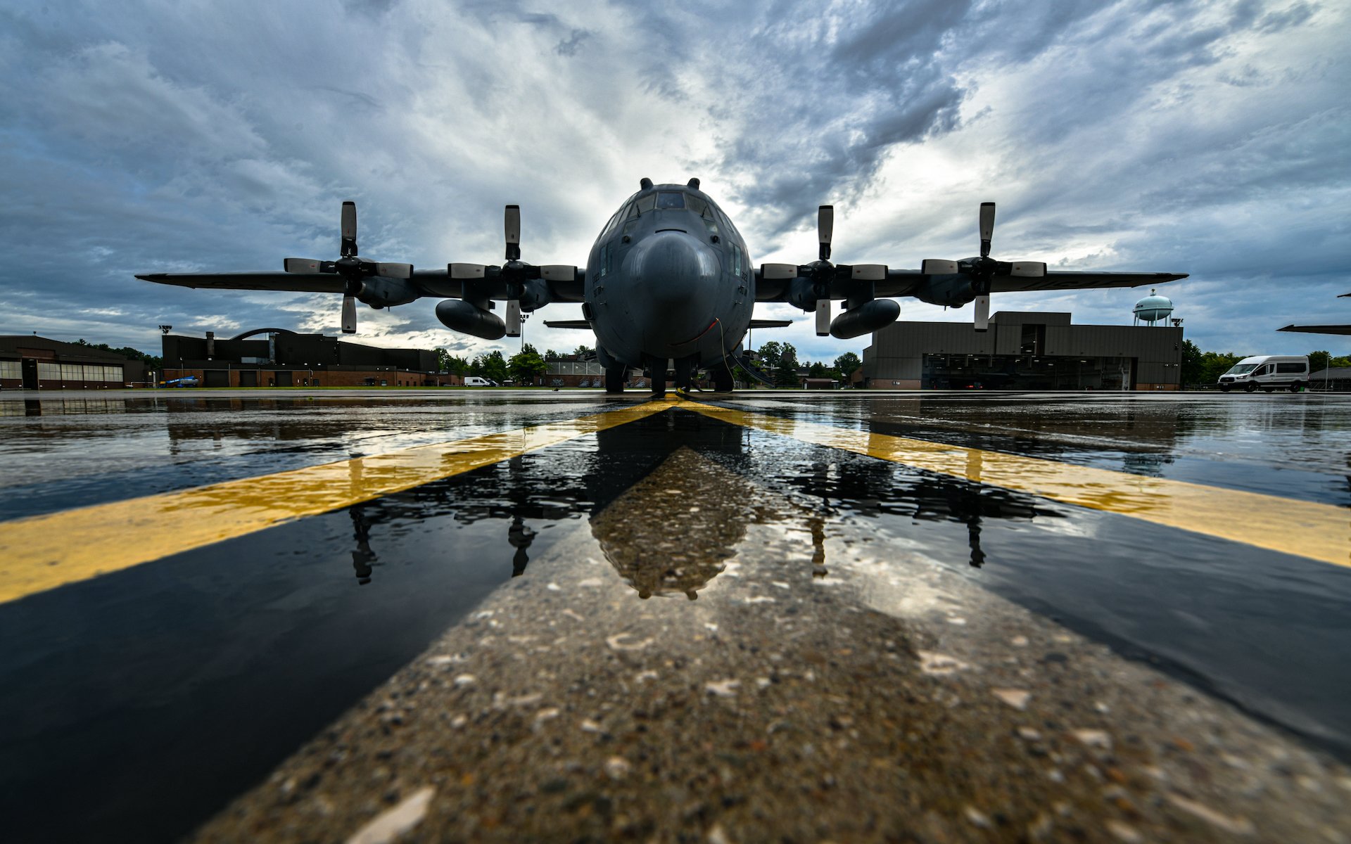 A C-130H Hercules aircraft assigned to the 757th Airlift Squadron sits on the flightline, July 22, 2020, at Youngstown Air Reserve Station in Vienna, Ohio. Unlike newer C-130Js, C-130Hs have four metal propellers on each engine. Air Force Photo by Senior Airman Christina Russo.