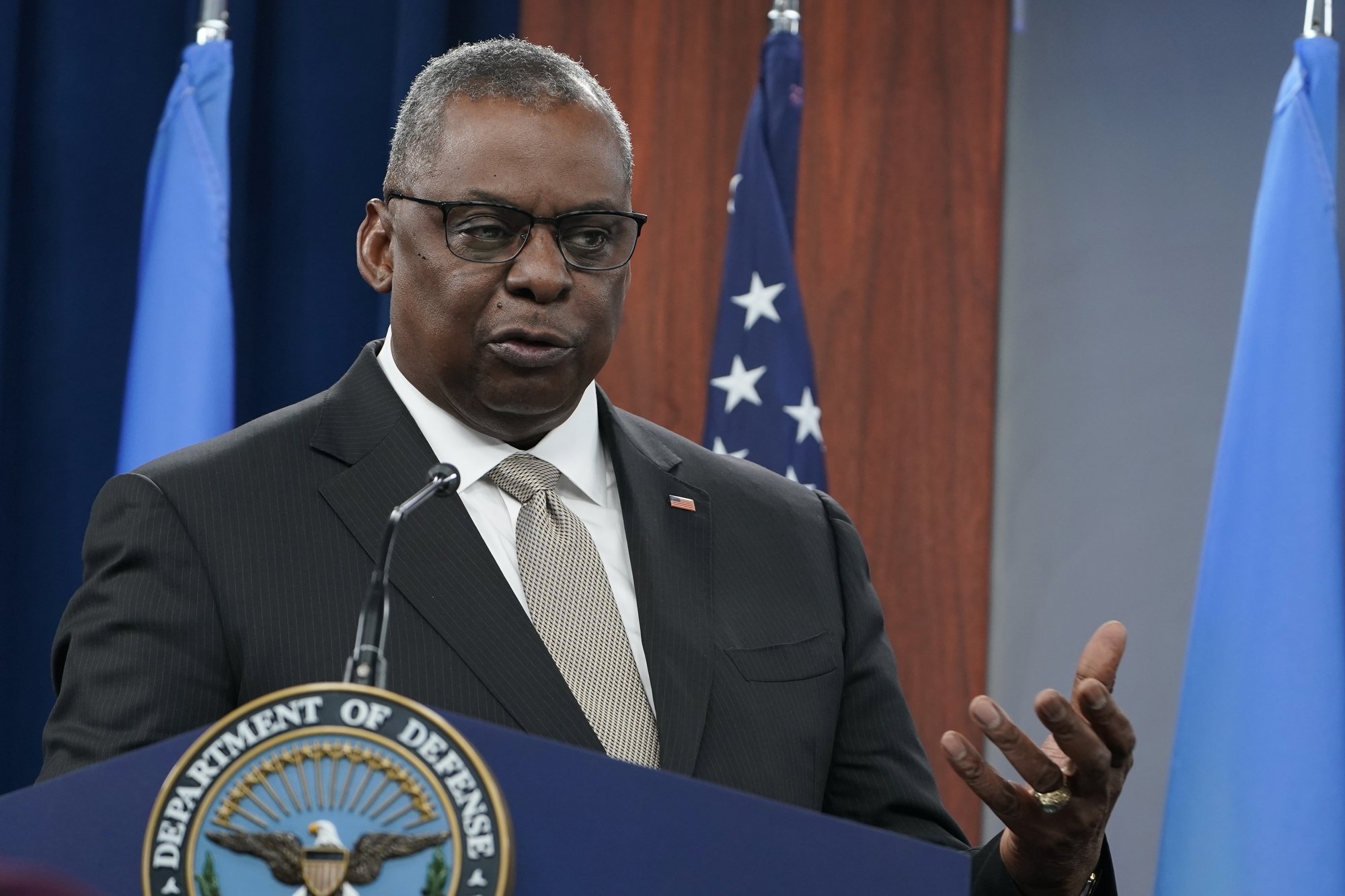 Defense Secretary Lloyd Austin speaks at the Pentagon in Washington, Nov. 16, 2022. Lawyers for a group of Navy SEALS and other Navy personnel who oppose a COVID-19 vaccination requirement on religious grounds want a federal appeals court to keep alive their legal fight against the Biden administration. Congress voted to end the requirement in December 2022, but vaccine opponents note that commanders can still make decisions on how and whether to deploy unvaccinated troops, under a memo signed last month by Austin. AP photo by Susan Walsh, File.