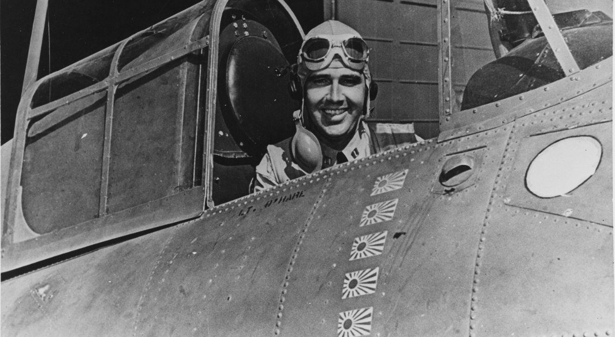 Lt. Edward Henry “Butch” O’Hare, seated in the cockpit of his Grumman F4F Wildcat fighter in 1942. Photo courtesy of the National Archives.