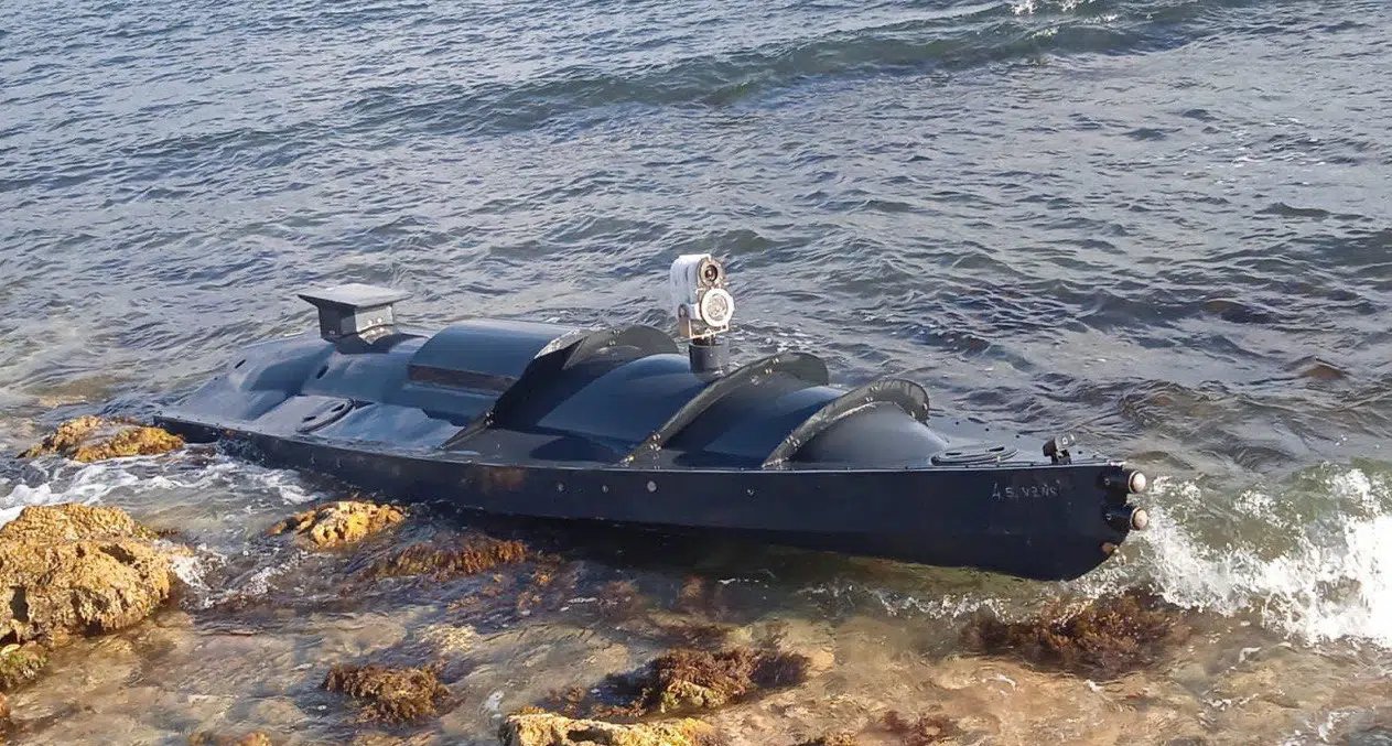 A unmanned craft washed up on a beach in Russian-occupied Crimea in September 2022. Image via Telegram.