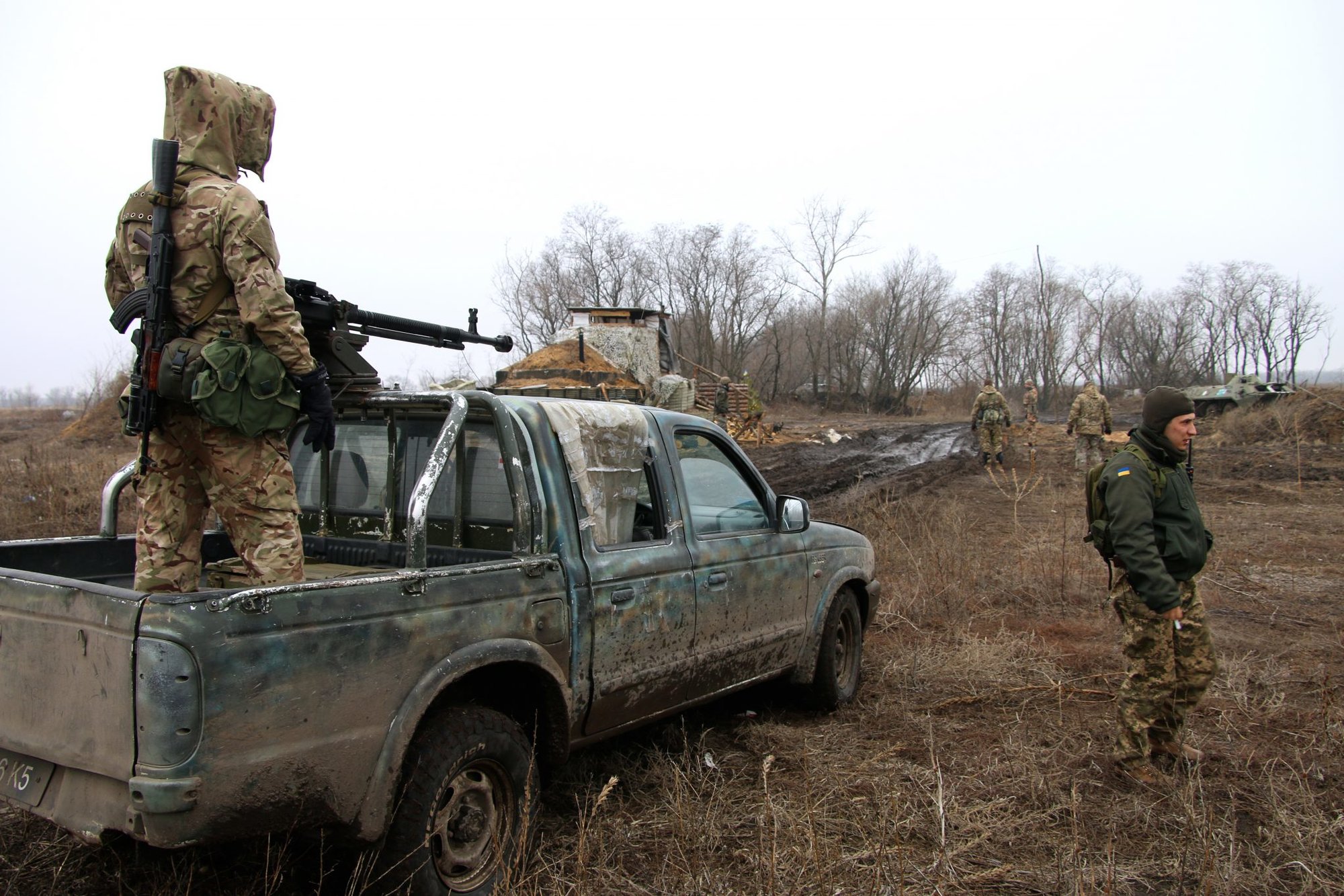 US military aid to Ukraine; Ukrainian soldiers on patrol in the "gray zone" near Lobacheve, Ukraine in February 2016. Photo by Nolan Peterson.
