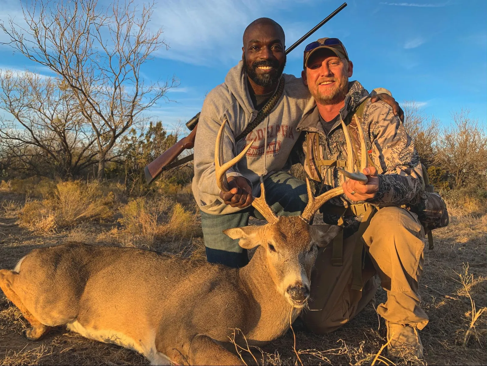Army MSG Ret. Vincent Askew (left) and guide Zach Hayes (right) with Vince’s first animal ever. Photo by Michael Herne/Coffee or Die.