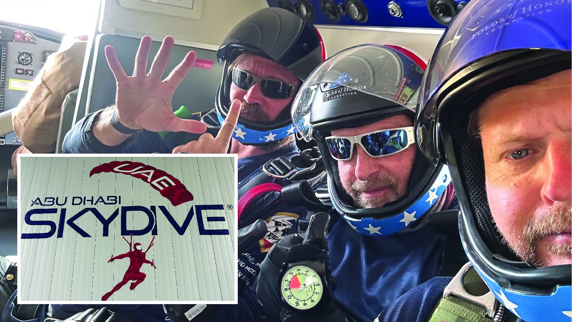 Triple 7 team members Nick Kush, Jim Wigginton, and Jariko Denman climbing to altitude at Skydive Abu Dhabi in the United Arab Emirates, Jan. 14, 2023. Photo courtesy of Jariko Denman.