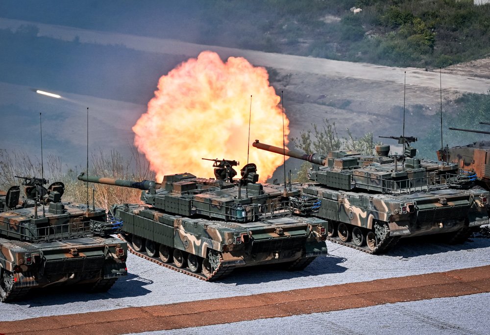 South Korea's K-2 tanks fire during a South Korea-U.S. joint military drill at Seungjin Fire Training Field in Pocheon, South Korea