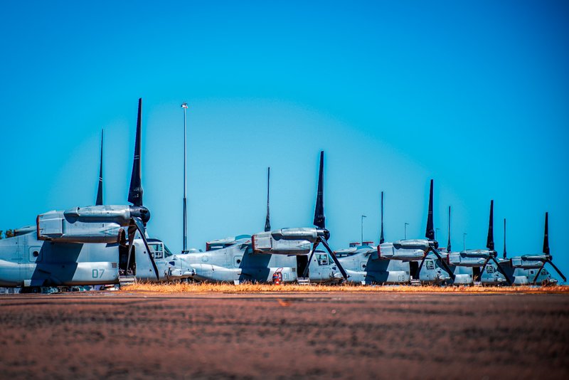 An MV-22B Osprey tiltrotor aircraft 