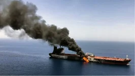 Screenshot taken from the YouTube video “Two Oil Tankers Damaged in Gulf of Oman off the Coast of Iran” uploaded by VOA News.
