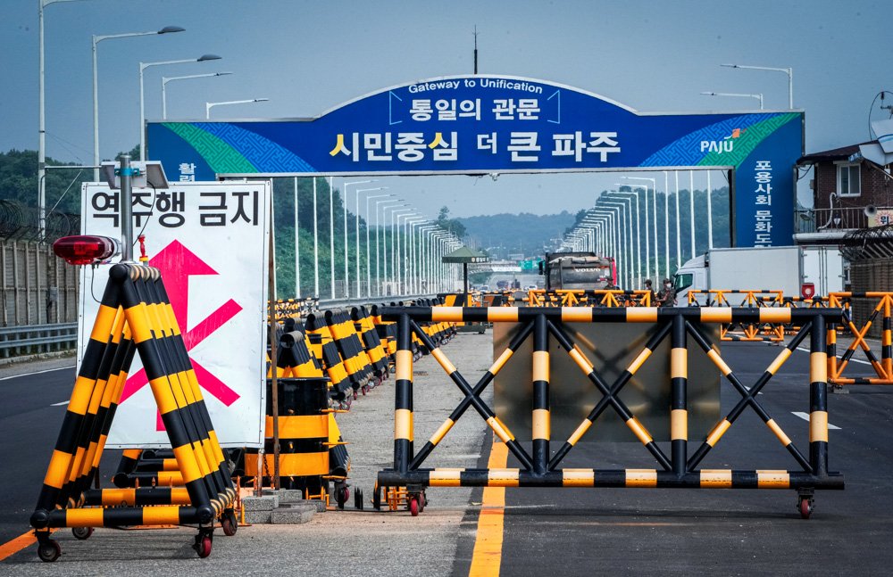 Barricades are placed near the Unification Bridge, which leads to the Panmunjom in the Demilitarized Zone in Paju, South Korea