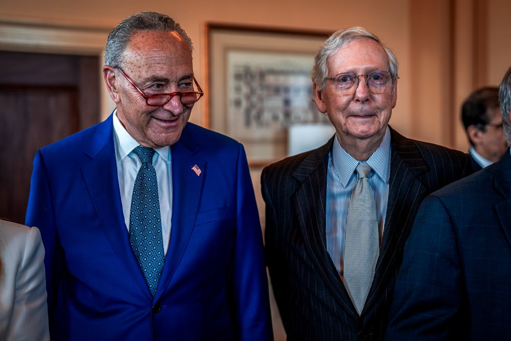 Senate Majority Leader Chuck Schumer, D-N.Y., left, and Senate Minority Leader Mitch McConnell, R-Ky., stand together.