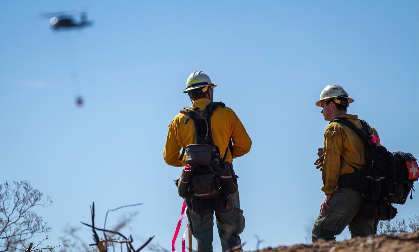 National Guard firefighters, helicopter, water drop