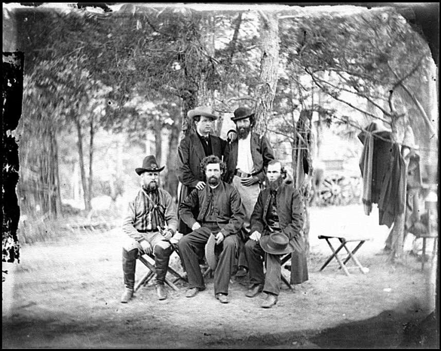 Five members of the Irish Brigade pose for a photograph at Harrison’s Landing, Va., during the Peninsular Campaign in 1862. Photo courtesy of the Library of Congress.