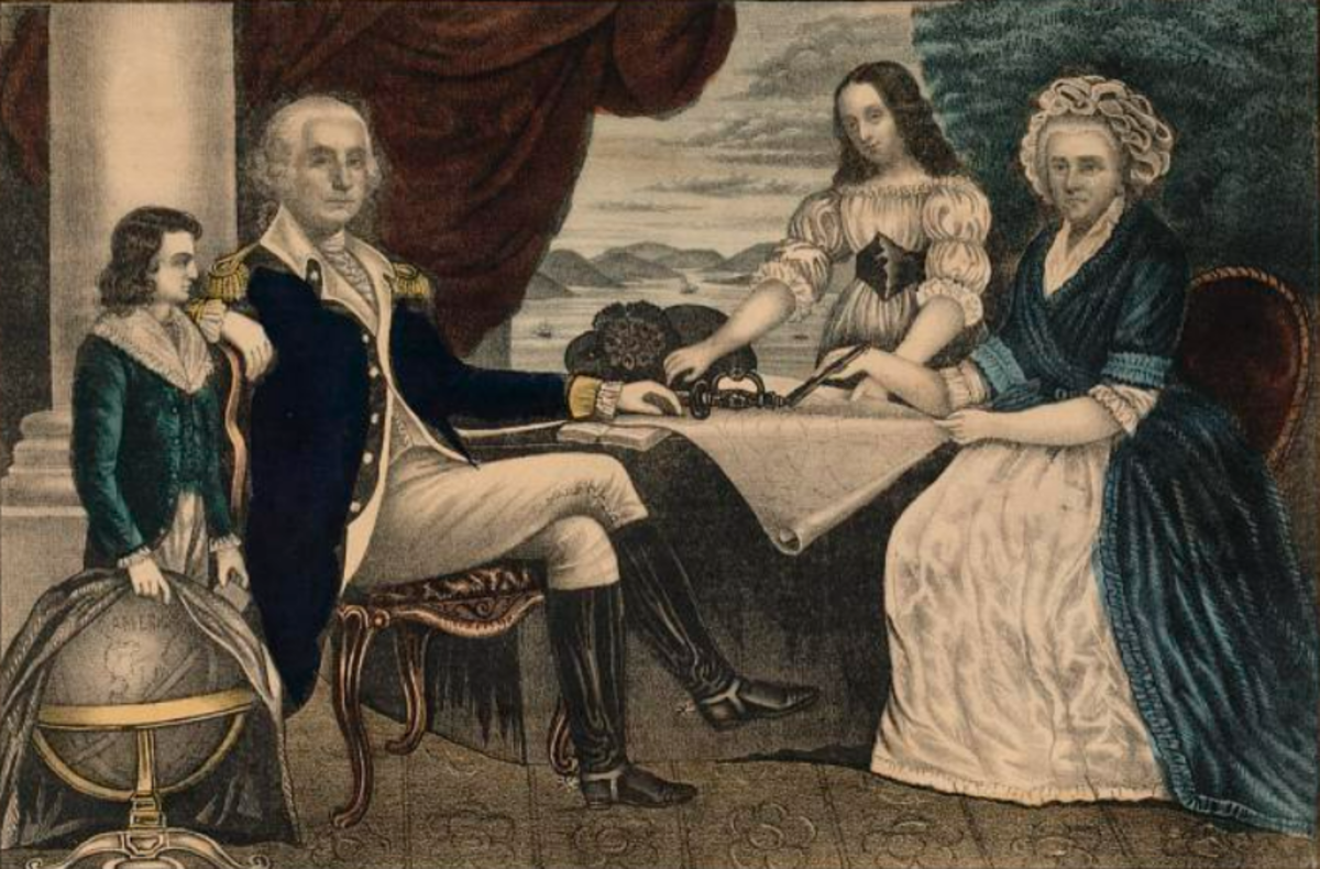 “Washington & Family,” a colored print (ca 1867) depicting George and Martha Washington seated at a table. A girl (Eleanor Parke Custis) stands beside Martha, a boy (George Washington Parke Custis) stands near George with his hand resting on a globe. Heavy drapery and landscape in background.
Harry T. Peters, “America on Stone” Lithography Collection, National Museum of American History.