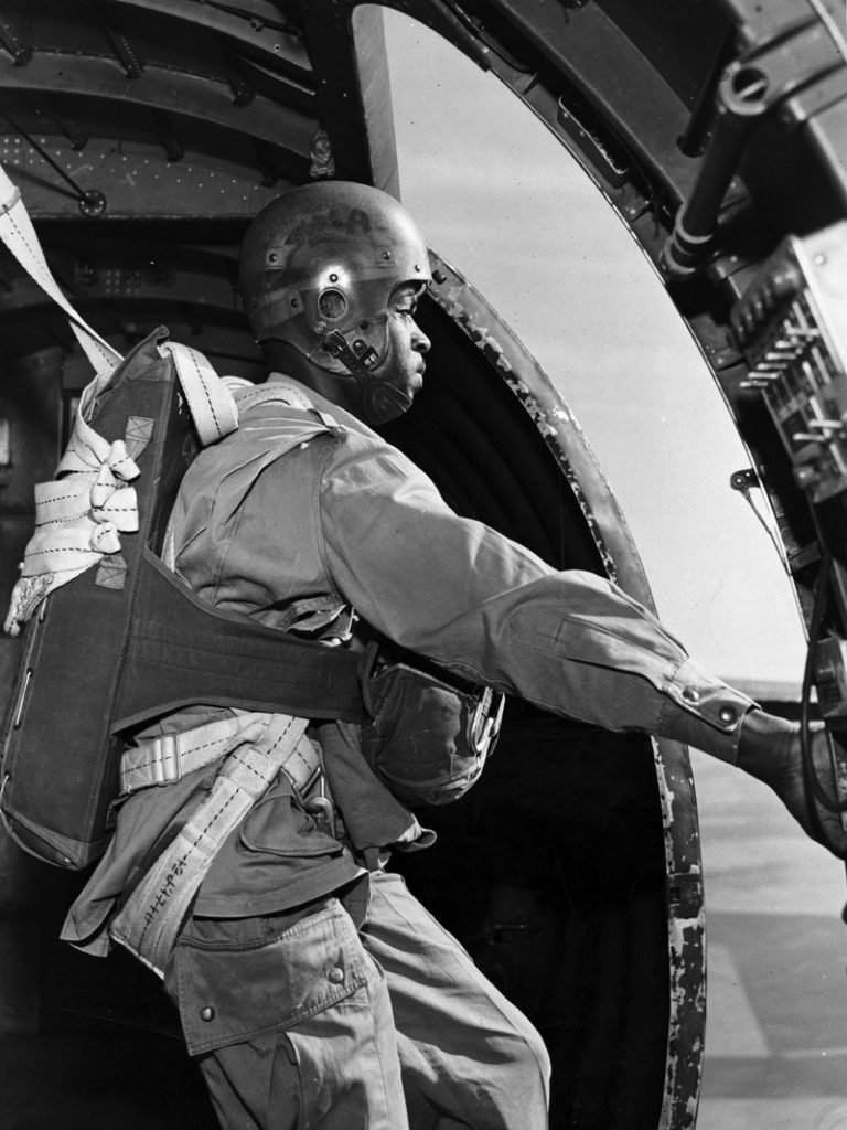 Triple Nickle member Jesse Mayes prepares to jump from a C-47. Photo by Maj. Thomas Cieslak/3rd Brigade Combat Team, 82nd Airborne Division, courtesy of the U.S. Army.
