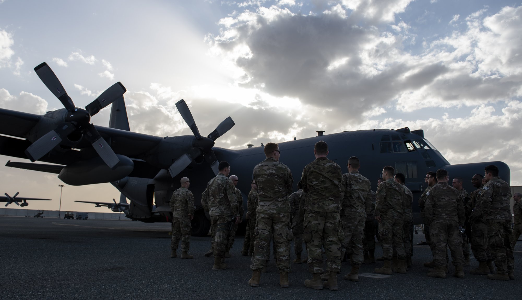 A group of airmen tour an MC-130 Combat Talon II, assigned to Hurlburt Field, Florida, during a Midnight Marauders immersion at Ali Al Salem Air Base, Kuwait, March 14, 2020. The Midnight Marauder program has visited multiple units in an effort for airmen to see different aspects of the overall mission of ASAB. US Air Force photo by Senior Airman Kevin Tanenbaum.