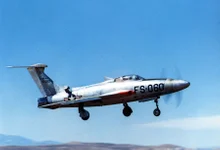 The experimental Republic XF-84H in flight circa 1955-56. Two F-84Fs were converted into experimental aircraft, each fitted with an Allison XT40-A-1 turboprop engine of 5,850 shaft horsepower driving a supersonic propeller. Ground crews dubbed the XF-84H the “Thunderscreech” due to its extreme noise level. US Air Force photo courtesy of the US Air Force museum website.