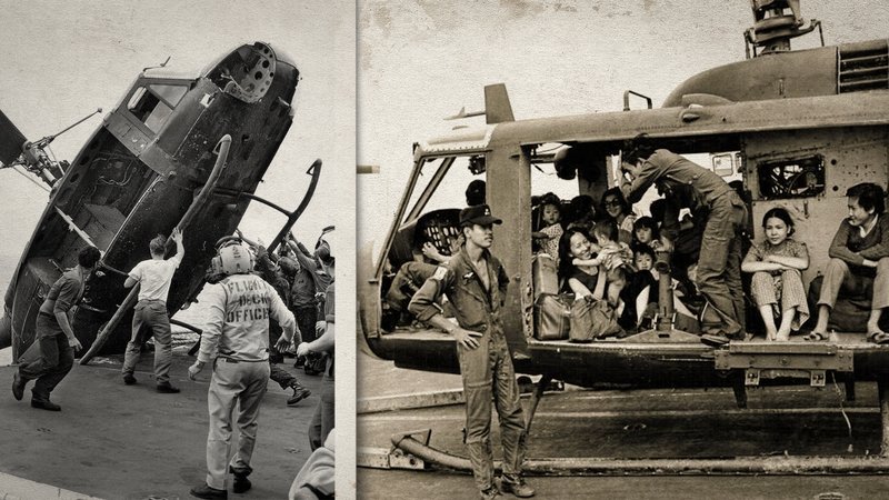 Huey helicopters overboard Midway