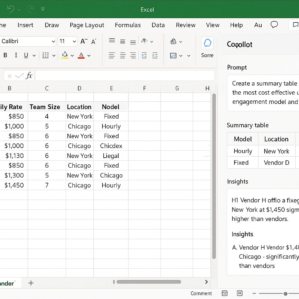 An illustrative image showing a user comparing vendor quotes using Microsoft Copilot in Excel
