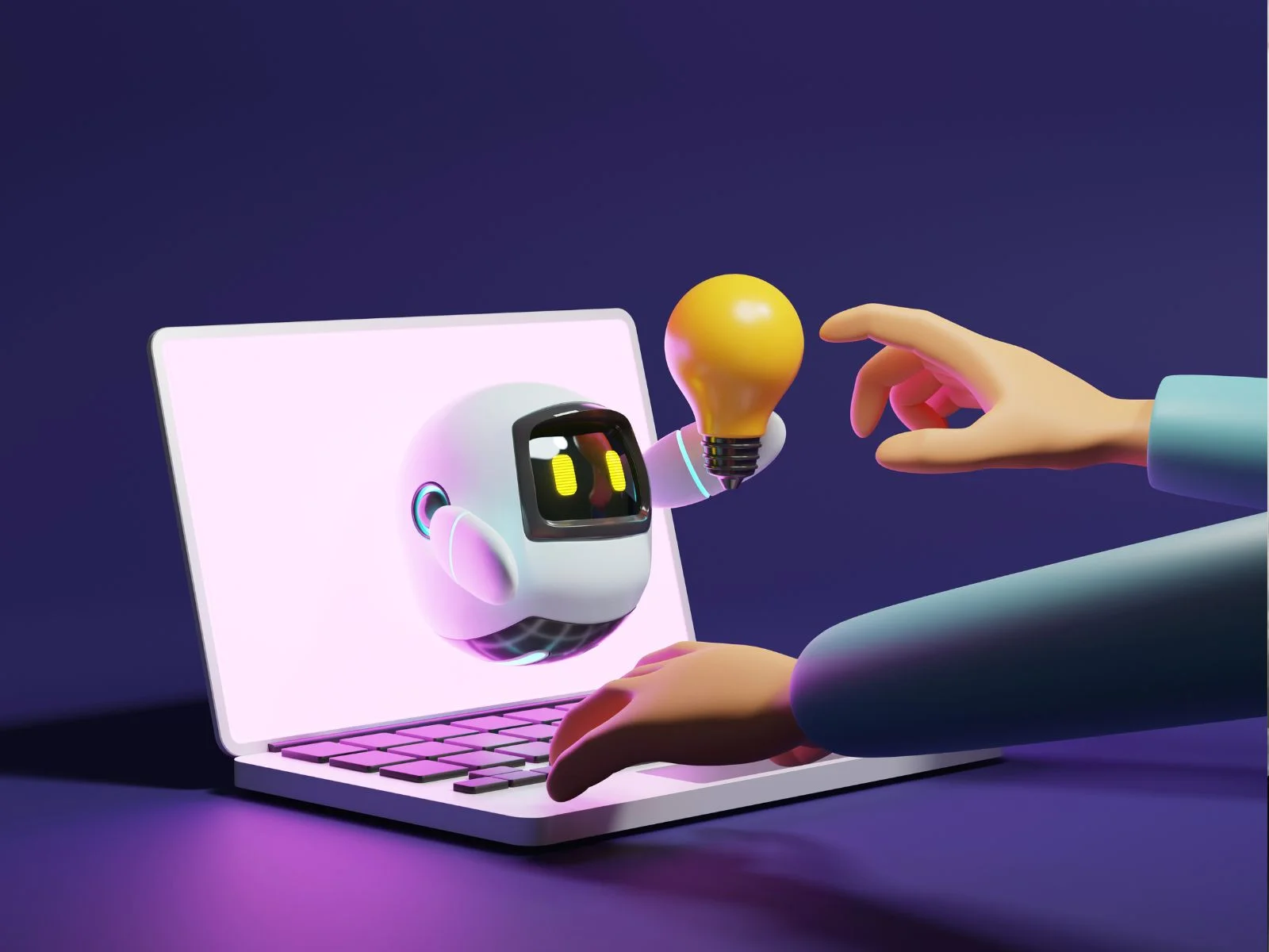 A 3D image of a hand reaching towards a laptop, where a robot emerges from the screen holding a lightbulb, symbolizing AI-driven innovation and efficiency in software development.