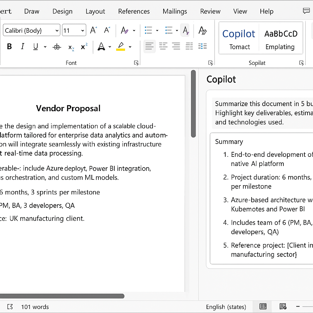 An illustrative image showing a user summarizing a vendor proposal using Microsoft Copilot in Word