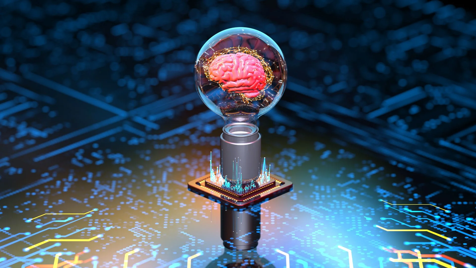 An AI-enhanced brain displayed inside a glowing lightbulb, connected to a high-tech circuit board, symbolizes the intersection of artificial intelligence and cybersecurity.