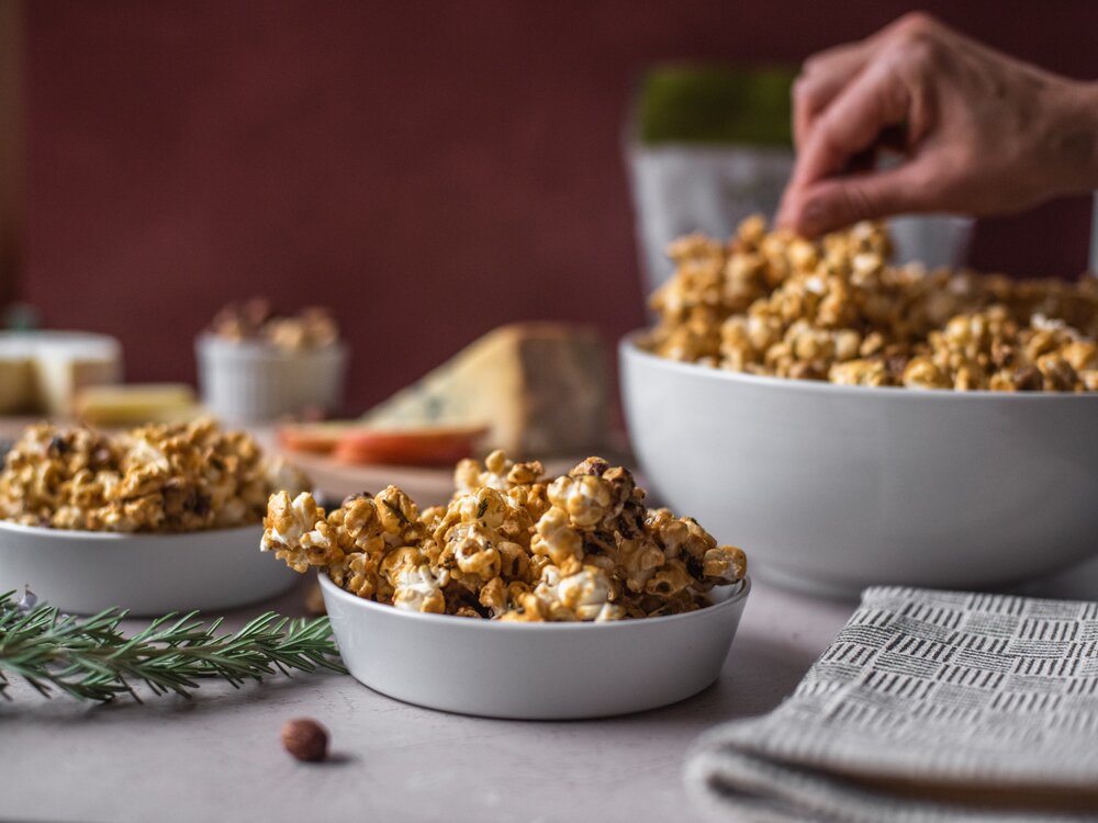 Sweet + Savory Rosemary Hazelnuts + Popcorn