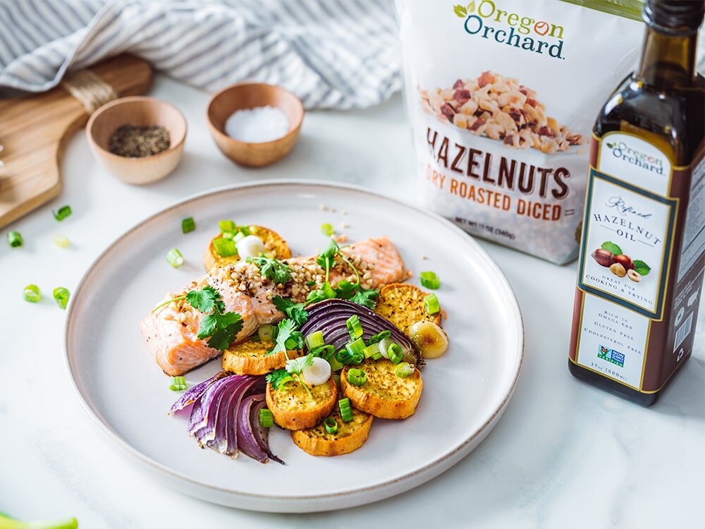 Citrus Baked Salmon & Sweet Potatoes with Hazelnuts, Scallions, & Cilantro