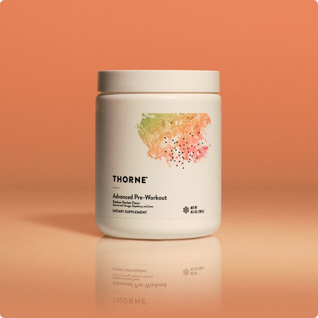 jar of advanced pre-workout on orange background