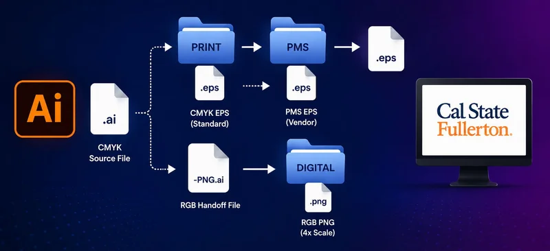 Adobe Illustrator workflow diagram showing the two-step logo export process: CMYK source file generates PRINT (CMYK EPS), PMS (PMS EPS), and -PNG.ai handoff file for DIGITAL (RGB PNG 4x scale) exports.