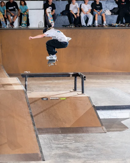 Keenan followed up by fellow team rider Wes Box with a pop shuv it

<!--harvestjam2022-->