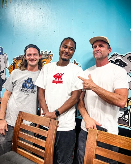 Family Photo time. From left to right: SPoT shipping manager Jack Loktu, SPoT Team Rider and Judge James Cobb, and the man himself Brian Schaefer!

<!--schoolsoutjam24-->