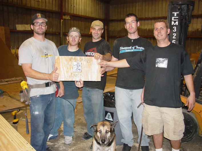 The construction crew from 2002: Brian Schaefer, Brent Kronmuller, John Burgess, Sean Albright, and Keith Works.<!-- New 2013 Street Course at Skatepark of Tampa -->