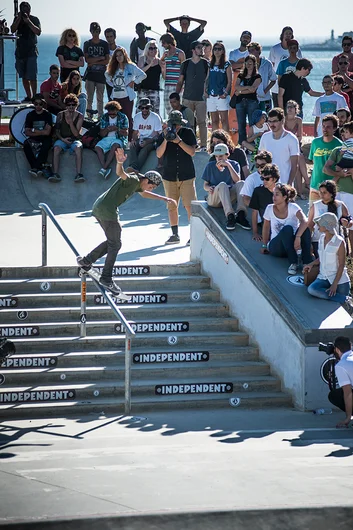 <!--daport14sun-->

8th place Finalist, Portugal's own Bruno Senra - back smith down the big rail. 
