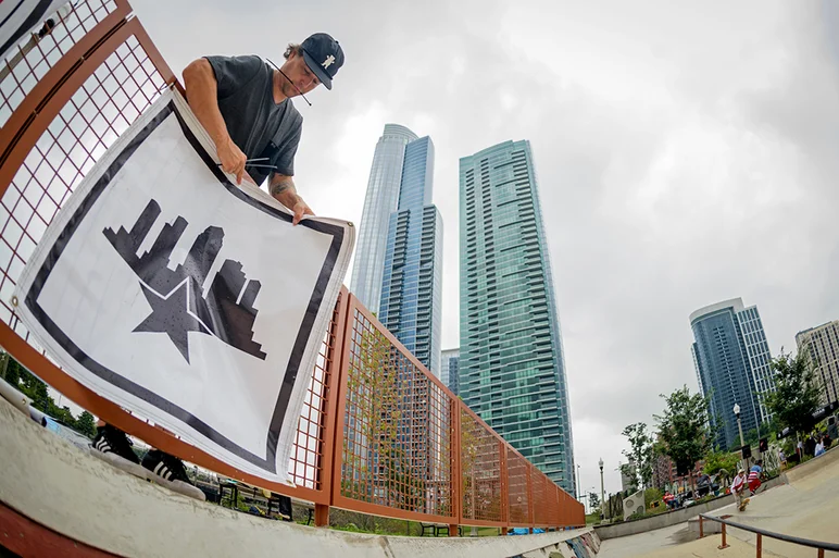 <!--da-chicago16-fri-->

First order of business, The Hoff works hard to get all the banners up for the epic best trick contest later that evening.