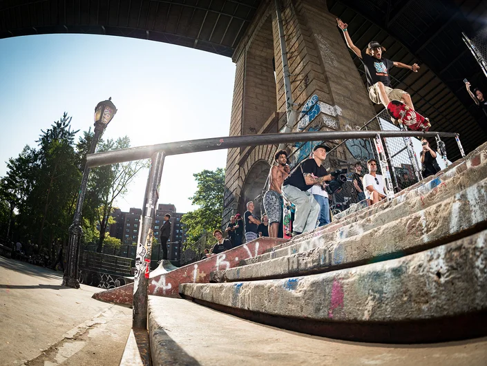 Cass Hecht jumps the gun on the SKNDL best trick contest and takes a one trucker down the big rail.

<!--damnamnyc2022day1-->