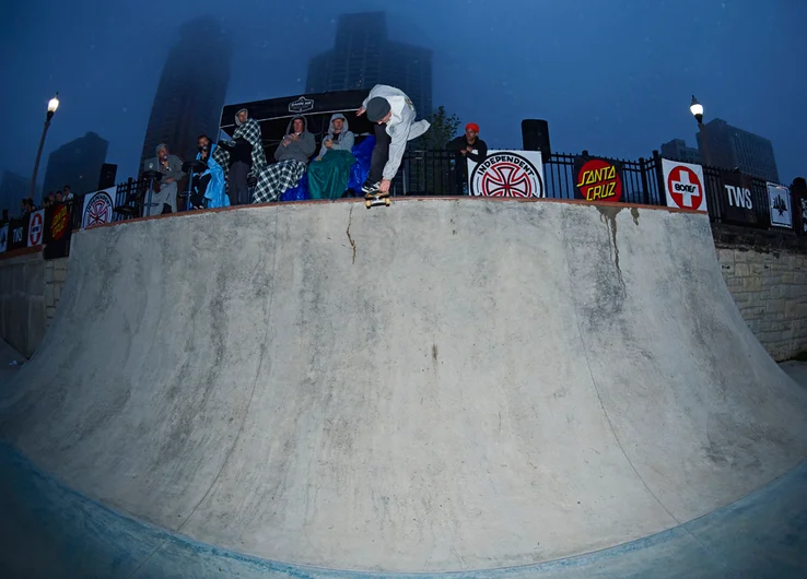 <!--dachiday2-->

The judges stand tries to stay warm with tarps and blankets while Jereme Sneath stays warm with Backside Crailslides.