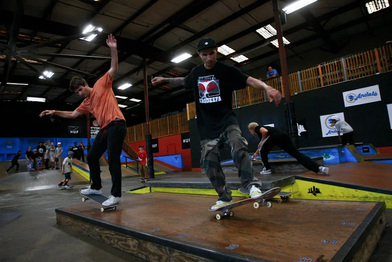 <!--wheeliedope17-->

Robby Kirkland leading Eric Weingart across the lower level pad.