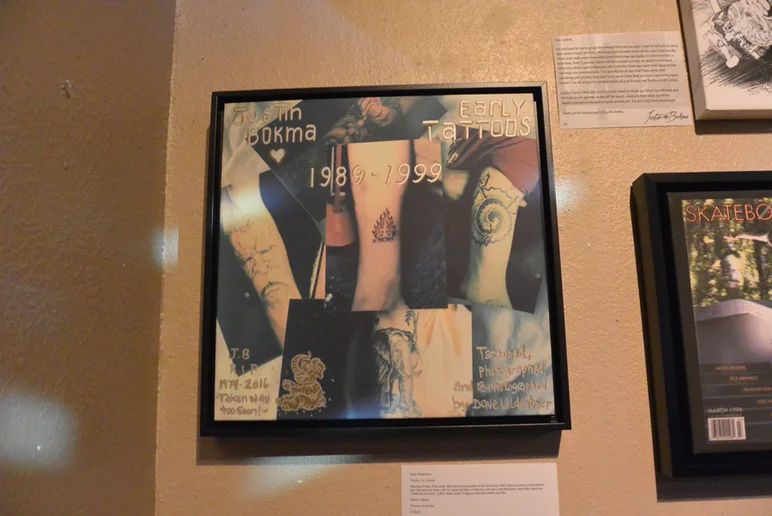 <!--bokmaartshow-->

Collage by Dave Wildenboer. Pictures he took of the tattoos he did on Justin. Mounted on canvas in shadow box. A personal tribute looks great up close. $125. <a href=
