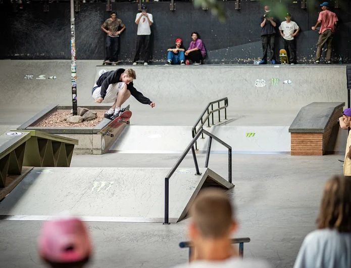If this skatepark was a swimming hole, the A-Frame would be the sweet spot where you catch the whoppers! Elias Heitman reels in a Hardflip to flat.

<!--damnambreda22finalsphotos-->