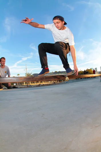 <!--exp115-->

Every skaters dream - a perfect flatbar at a concrete park. Frankie messing around with a Feeble Tail Grab.