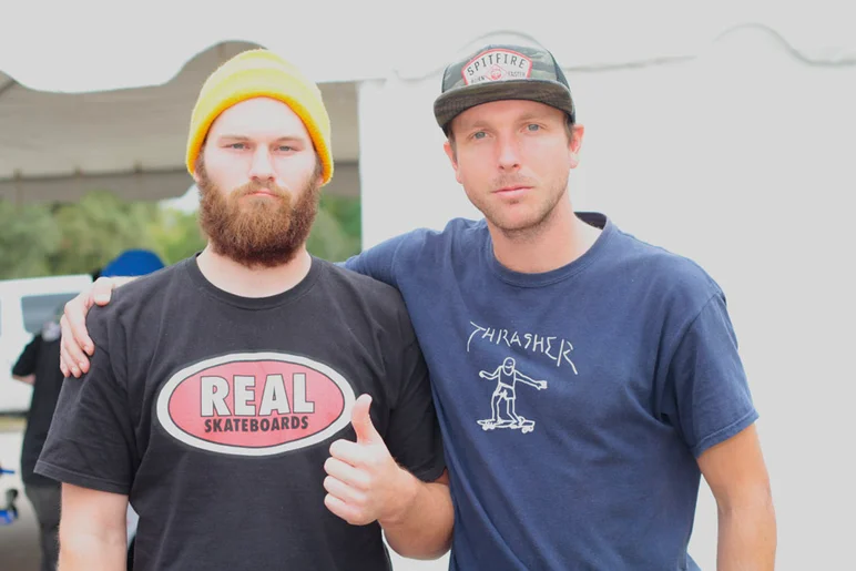 <!--ridetexas14-->

After the bowl jam, people took a break to walk around outside. I caught Real team riders James Hardy and Robbie Brockell hanging out. Thanks for bring out so many people from the team.