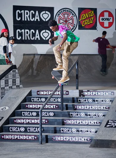 <!--cm153-->

Jonathan Henderson gets the Independent Best Trick Comp started off with a Tre Flip Smith Grind.