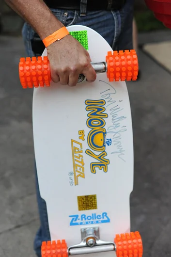 An amazing California mall grab. I just now noticed the ZRoller trucks. Kids, there has always been super silly crap in skateboarding, not just the wackness you see today. Back in the 80's, someone made trucks that had a rolling hangar so you could 